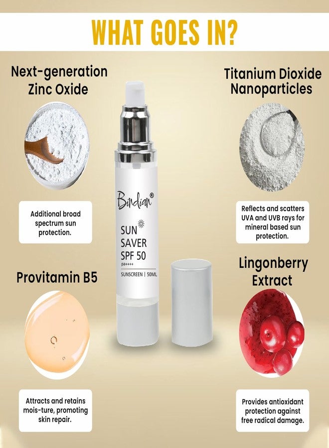 Bindian Sun Saver SPF 50 PA++++ Sunscreen, 50ml, Broad Spectrum Protection with Zinc Oxide and Titanium Dioxide - Image 2
