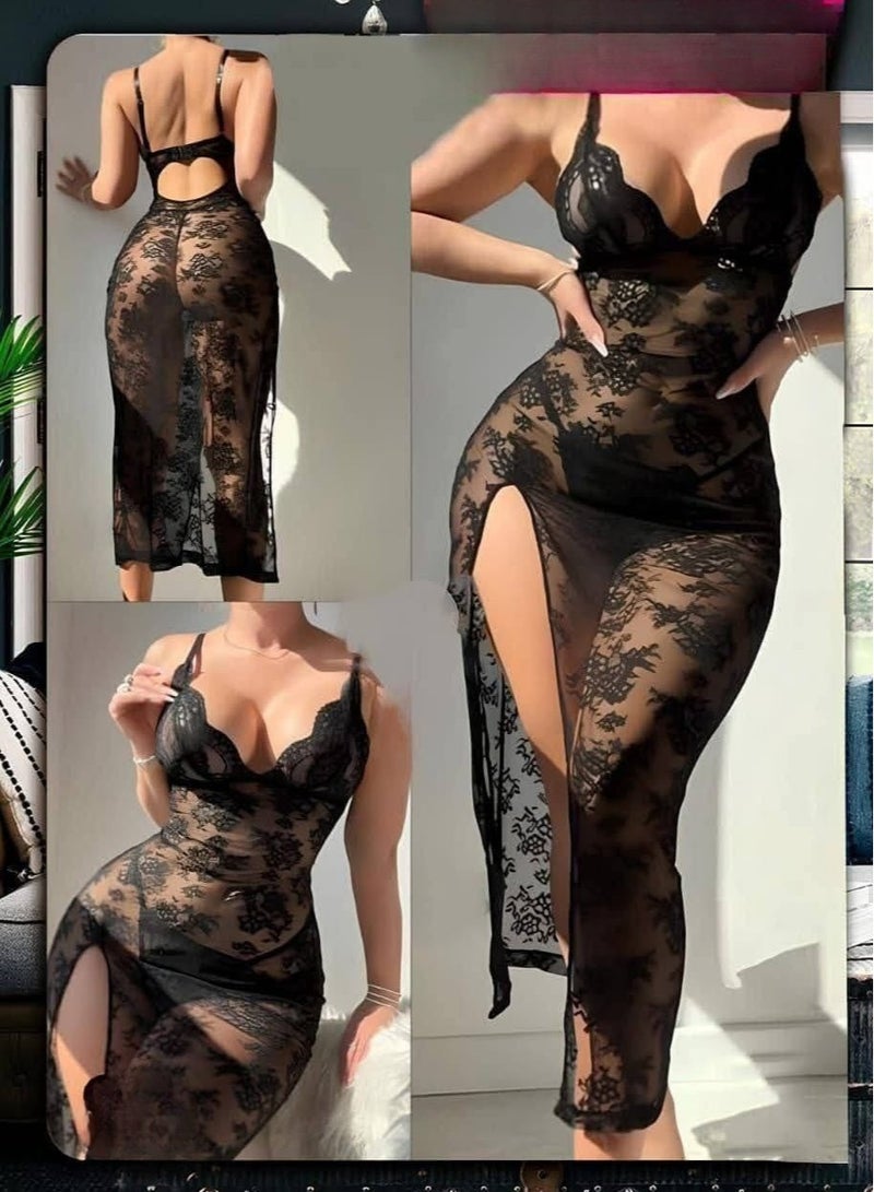 Sheer Tulle Long Nightgown with Lace - Sexy Lingerie for Women with Open Back and Elegant Side Slit for a Bold and Charming Look - Image 2