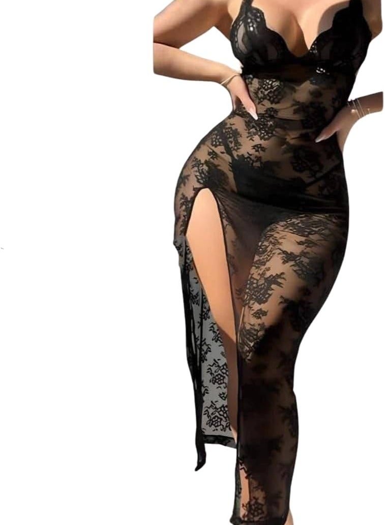 Sheer Tulle Long Nightgown with Lace - Sexy Lingerie for Women with Open Back and Elegant Side Slit for a Bold and Charming Look - Image 1