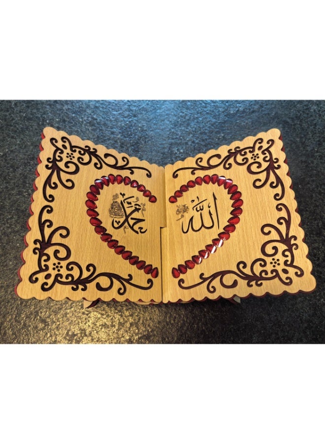 فيانسر حامل قرآن خشبي فاخر بحشو حبات حمراء – رحَل مربع منحوت – حامل قابل للطي أنيق للكتاب المقدس، هدية مثالية لعيد الفطر - Image 2