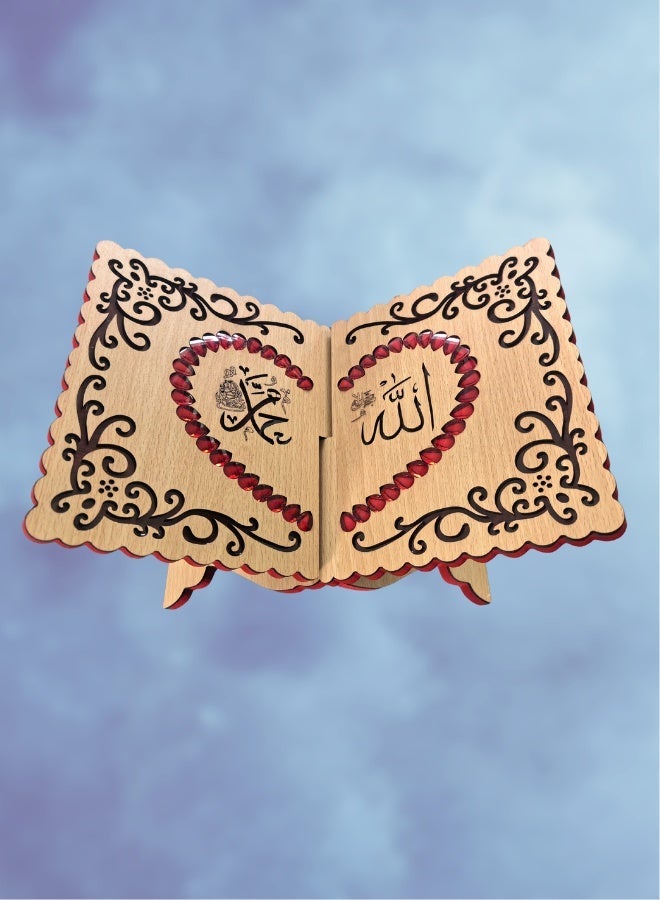 فيانسر حامل قرآن خشبي فاخر بحشو حبات حمراء – رحَل مربع منحوت – حامل قابل للطي أنيق للكتاب المقدس، هدية مثالية لعيد الفطر - Image 1