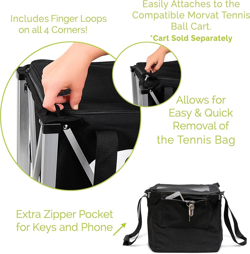 Morvat Professional Tennis & Pickle Ball Hopper Holds 165 Balls Heavy-Duty Pro Sports Practice Cart, Foldable Portable Compact & Lightweight Zippered Pocket & Racket Holder, Carry Bag + 3 Tennis Balls - Image 4