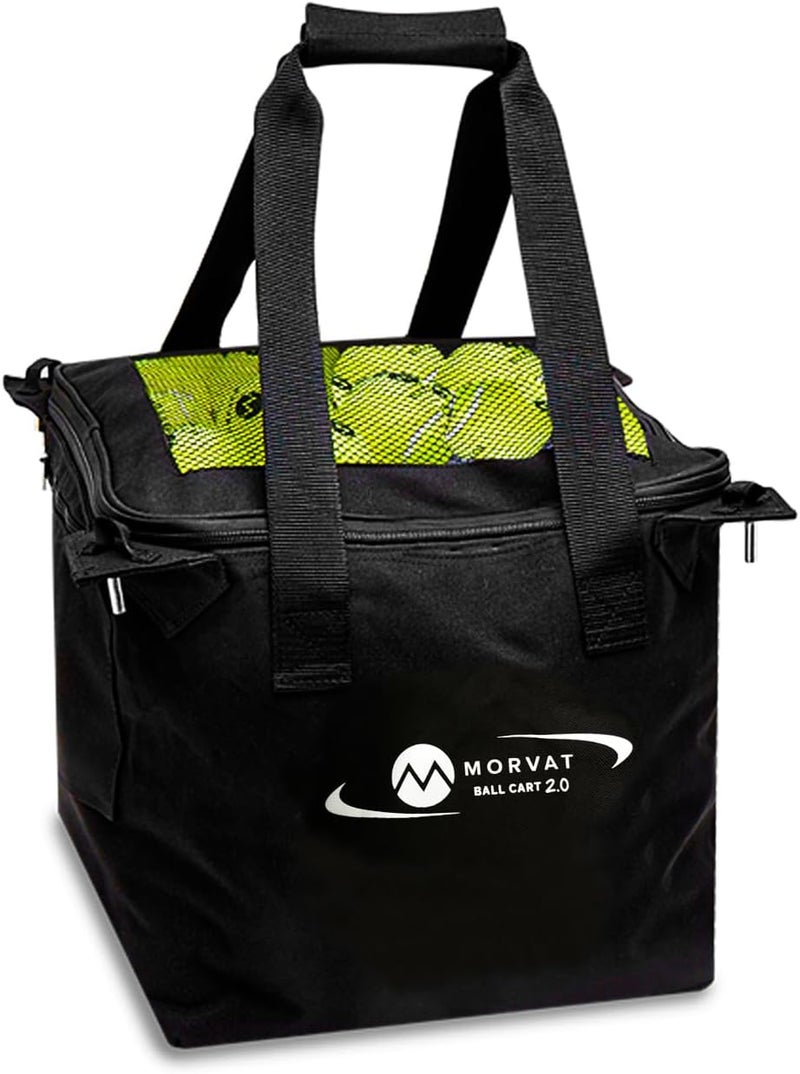 Morvat Professional Tennis & Pickle Ball Hopper Holds 165 Balls Heavy-Duty Pro Sports Practice Cart, Foldable Portable Compact & Lightweight Zippered Pocket & Racket Holder, Carry Bag + 3 Tennis Balls - Image 1