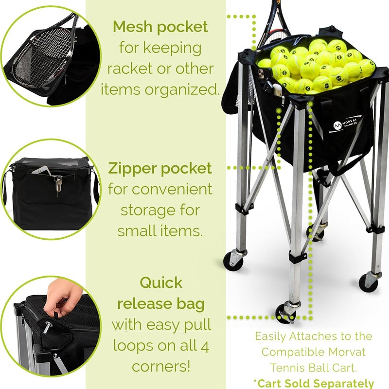 Morvat Professional Tennis & Pickle Ball Hopper Holds 165 Balls Heavy-Duty Pro Sports Practice Cart, Foldable Portable Compact & Lightweight Zippered Pocket & Racket Holder, Carry Bag + 3 Tennis Balls - Image 3