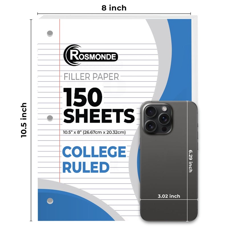 Rosmonde Loose Leaf Paper, 900 Sheets, 6 Pack, College Ruled, 8" x 10.5", Bulk Office Filler Paper, 3 Hole Punched, 150 Sheets/Pack, College Ruled Paper for 3 Ring Binder, Notebook Paper, White - Image 3