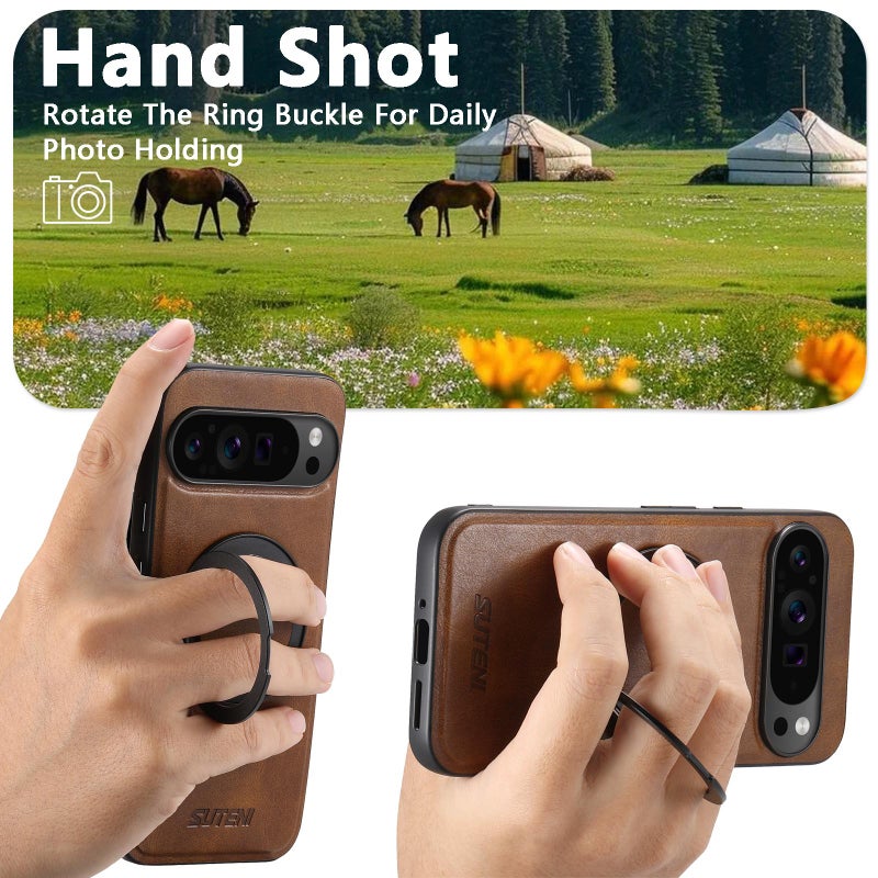 Suteni For Google Pixel 10 Pro Xl G3 Oil Wax 360 Rotation Holder Magsafe Back Phone Case(Brown) - Image 5