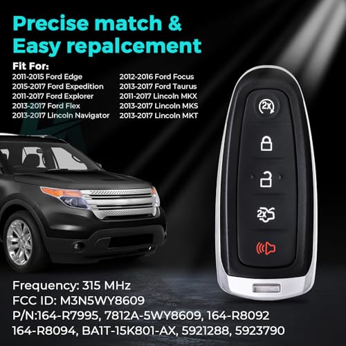 HelloAuto Key Fob Fit for for Ford Explorer Edge 2011-2015, Smart Keyless Entry Remote Start Control for Taurus Focus Expedition Flex 2013-2019 Focus Lincoln MKX MKS MKT Navigator M3N5WY8609 - Image 2