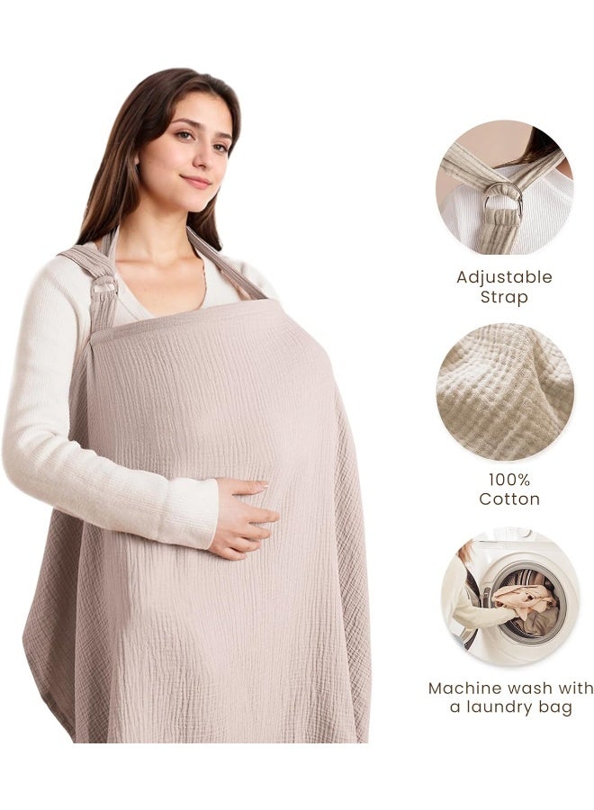 Konssy Muslin Nursing Cover for Baby Breastfeeding, Breathable 100% Cotton Breastfeeding Cover with Rigid Hoop for Mother Nursing Apron, Multi-use Carseat Canopy (Taupe) - Image 2