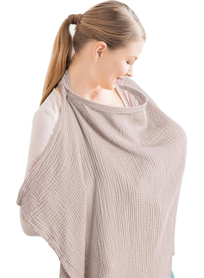 Konssy Muslin Nursing Cover for Baby Breastfeeding, Breathable 100% Cotton Breastfeeding Cover with Rigid Hoop for Mother Nursing Apron, Multi-use Carseat Canopy (Taupe) - Image 1