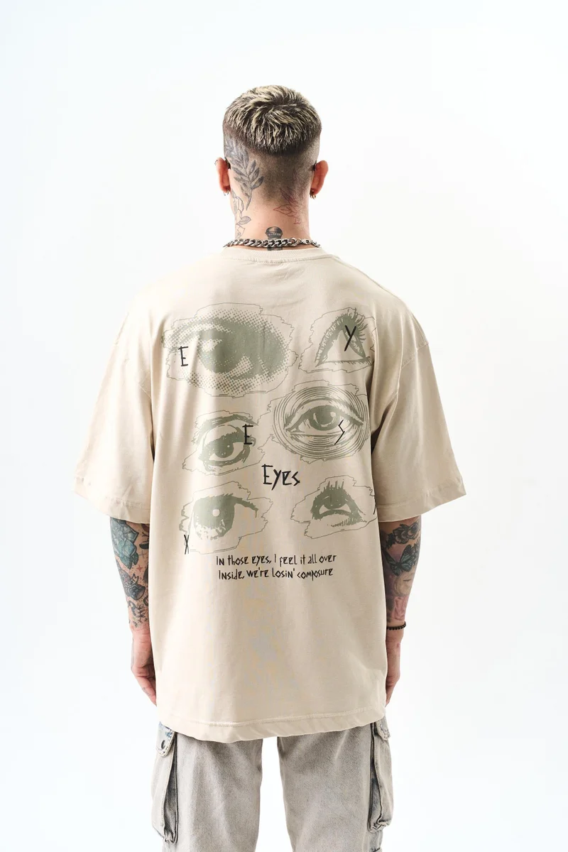 RESPIRE Men's Eyes Print Oversize T-Shirt, Beige