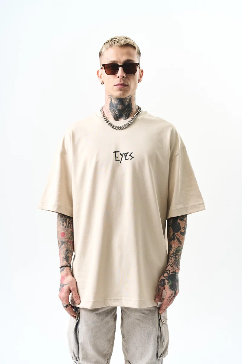 RESPIRE Men's Eyes Print Oversize T-Shirt, Beige