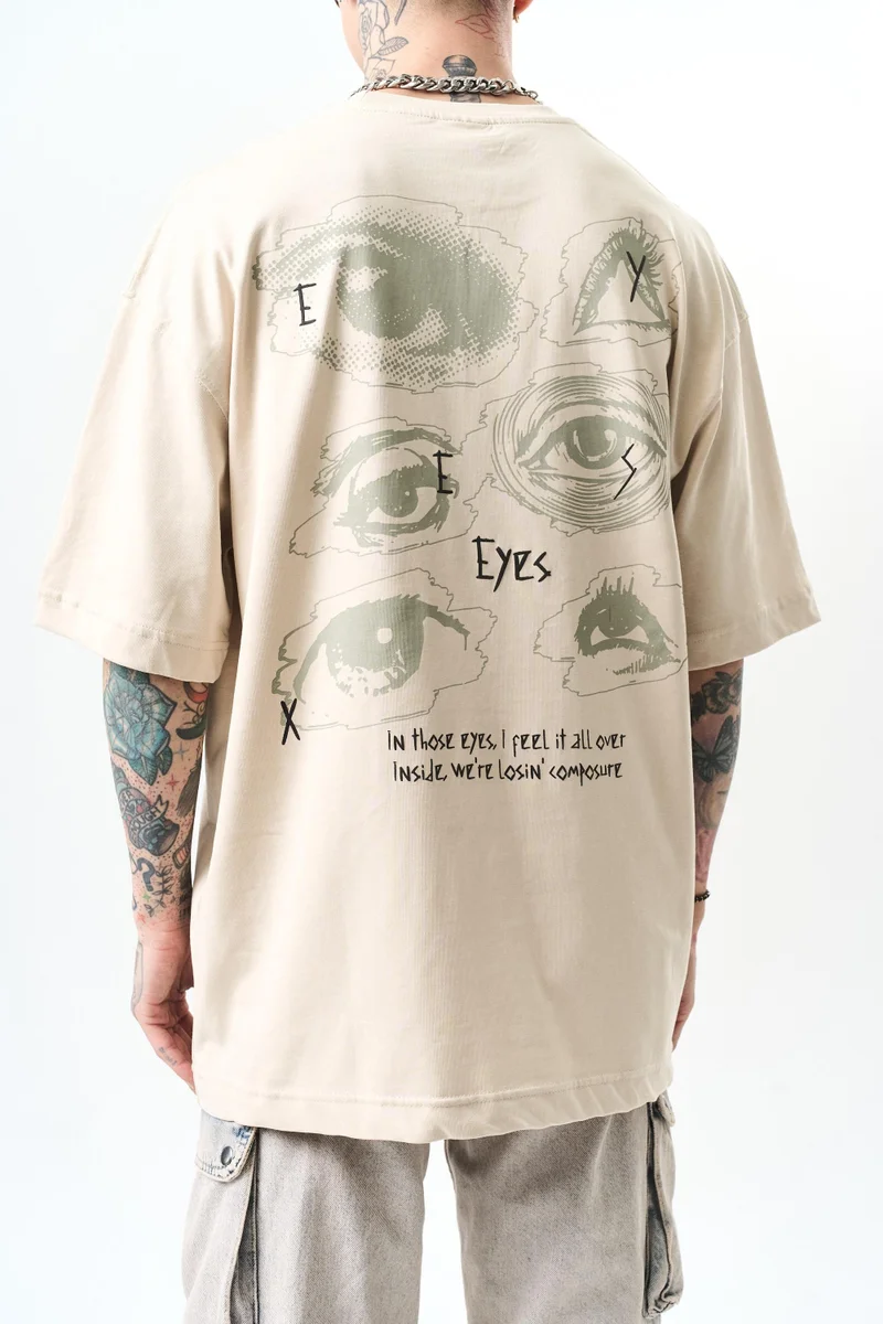 RESPIRE Men's Eyes Print Oversize T-Shirt, Beige