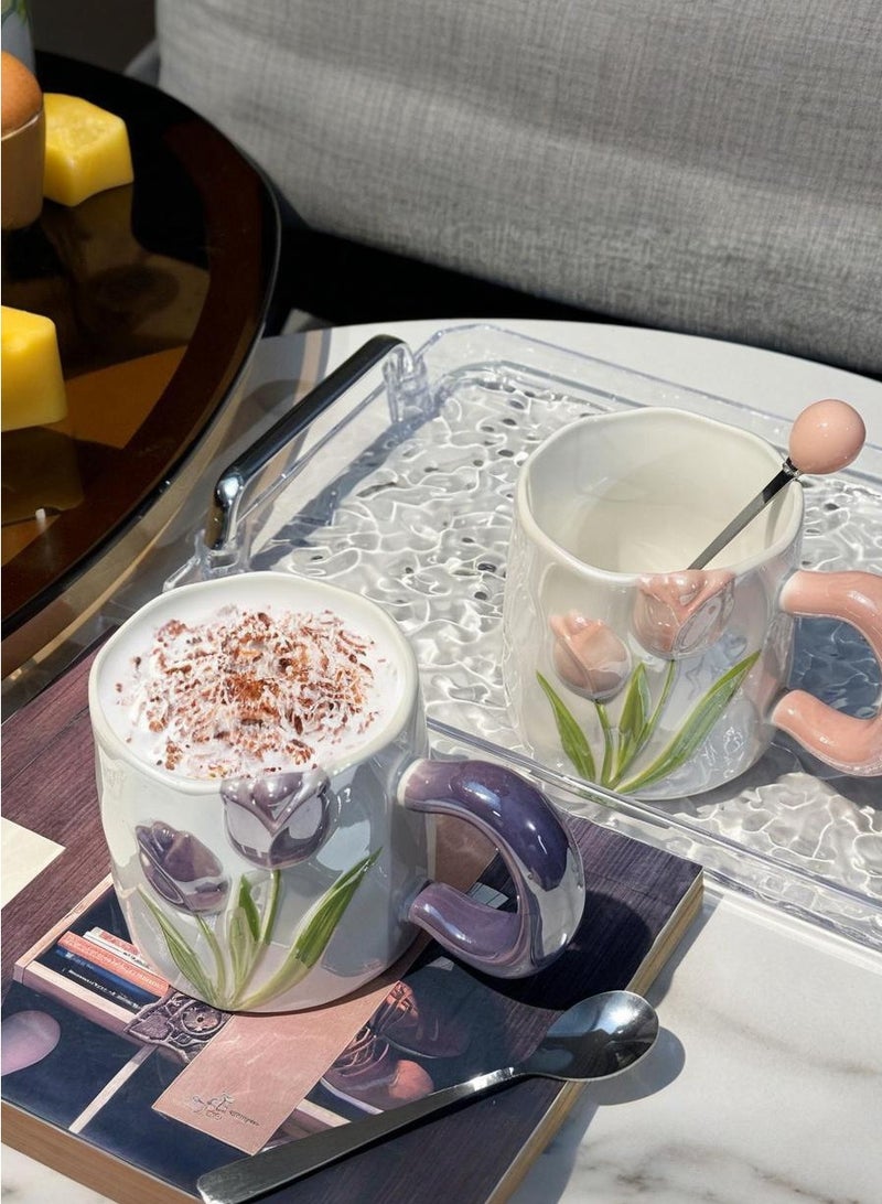 بيروي فنجان قهوة سيراميك: تصميم إبداعي جذاب بأزهار مجسمة، مع كوب حليب وملعقة، مناسب للاستخدام في المكتب والمنزل - Image 2