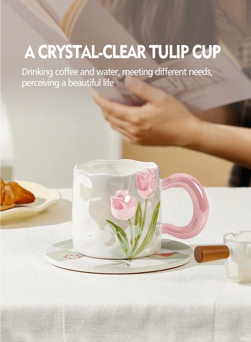 بيروي فنجان قهوة سيراميك: تصميم إبداعي جذاب بأزهار مجسمة، مع كوب حليب وملعقة، مناسب للاستخدام في المكتب والمنزل - Image 4