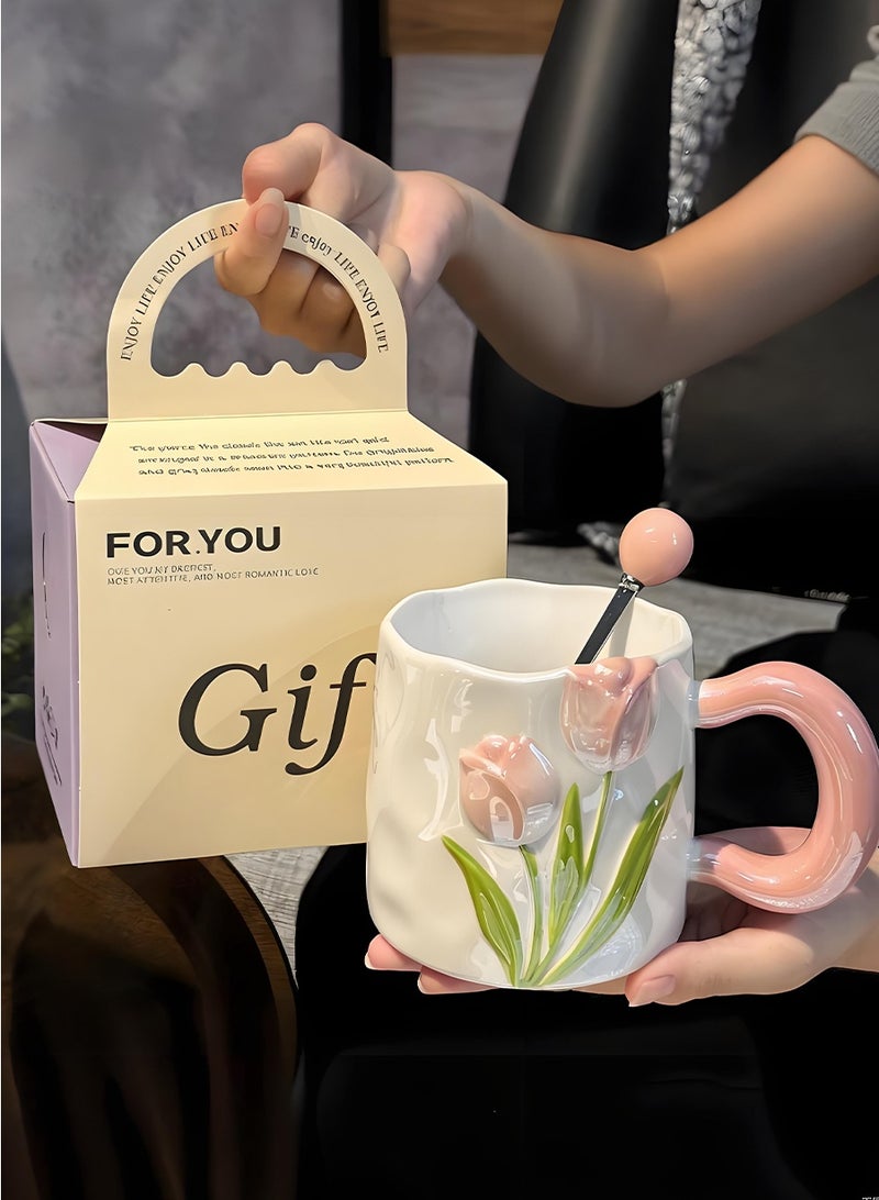 بيروي فنجان قهوة سيراميك: تصميم إبداعي جذاب بأزهار مجسمة، مع كوب حليب وملعقة، مناسب للاستخدام في المكتب والمنزل - Image 1