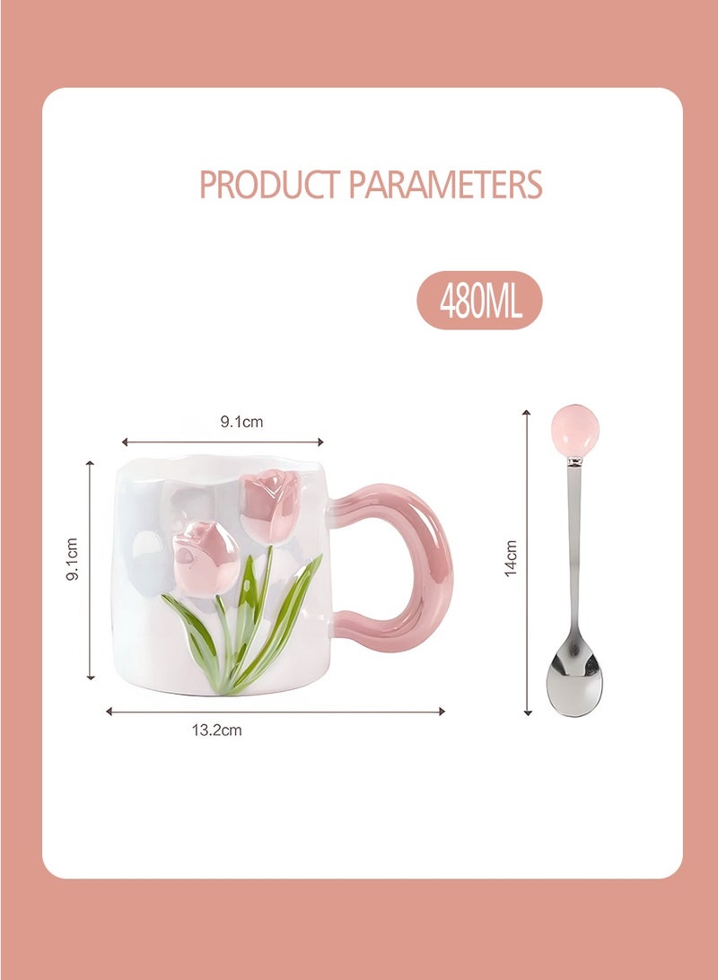 بيروي فنجان قهوة سيراميك: تصميم إبداعي جذاب بأزهار مجسمة، مع كوب حليب وملعقة، مناسب للاستخدام في المكتب والمنزل - Image 3