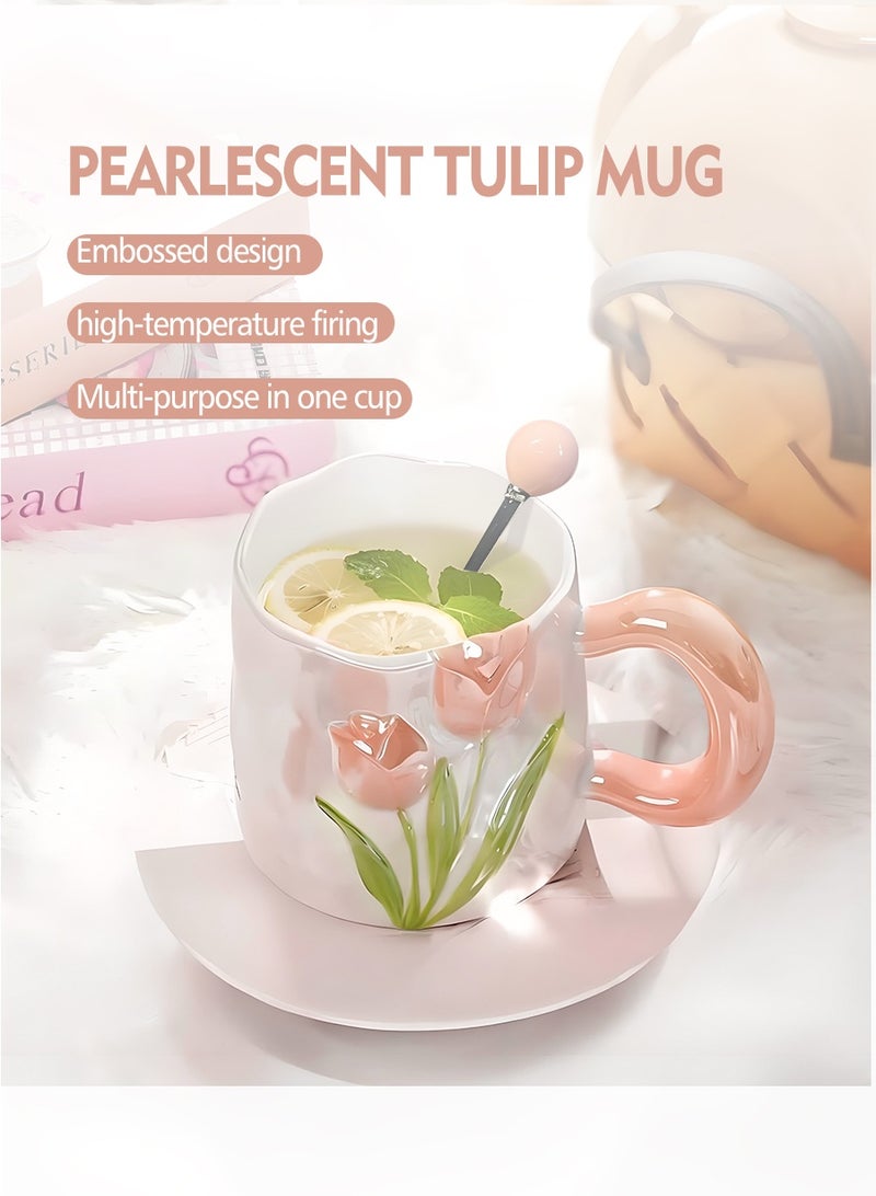 بيروي فنجان قهوة سيراميك: تصميم إبداعي جذاب بأزهار مجسمة، مع كوب حليب وملعقة، مناسب للاستخدام في المكتب والمنزل - Image 5