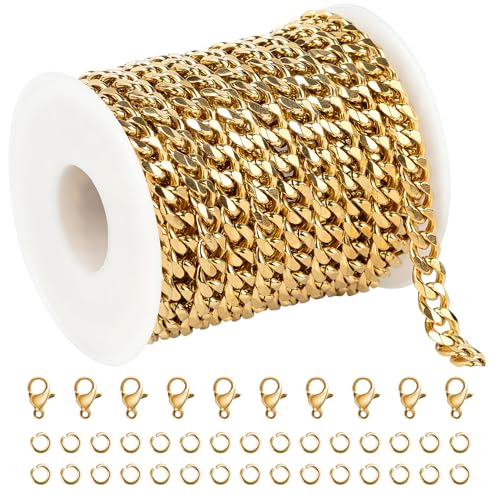 UMAOKANG 5 Meters Gold Plated Cuban Chains Bulk Stainless Steel Chains for Jewelry Making Men and Women Necklace Bracelet DIY Jewelry Chain Spool - Image 1