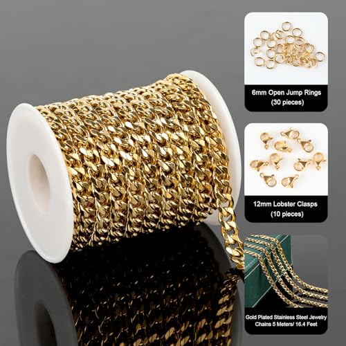 UMAOKANG 5 Meters Gold Plated Cuban Chains Bulk Stainless Steel Chains for Jewelry Making Men and Women Necklace Bracelet DIY Jewelry Chain Spool - Image 2