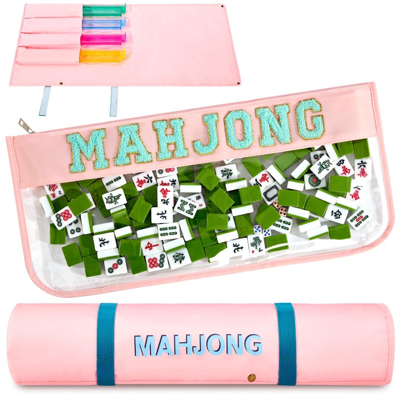 Yeyeplum 2 Pcs Mahjong Bags for Tiles and Racks Include Mahjong Tile Bag & Rack Bag, 37 Inch Protective Sleeve Tile Gift Accessory with Zipper & Letter for Mahj Pusher, Not Include Racks& Tiles(Pink) - Image 1