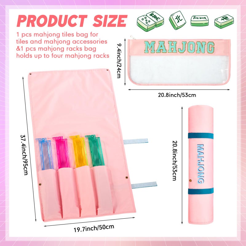 Yeyeplum 2 Pcs Mahjong Bags for Tiles and Racks Include Mahjong Tile Bag & Rack Bag, 37 Inch Protective Sleeve Tile Gift Accessory with Zipper & Letter for Mahj Pusher, Not Include Racks& Tiles(Pink) - Image 2