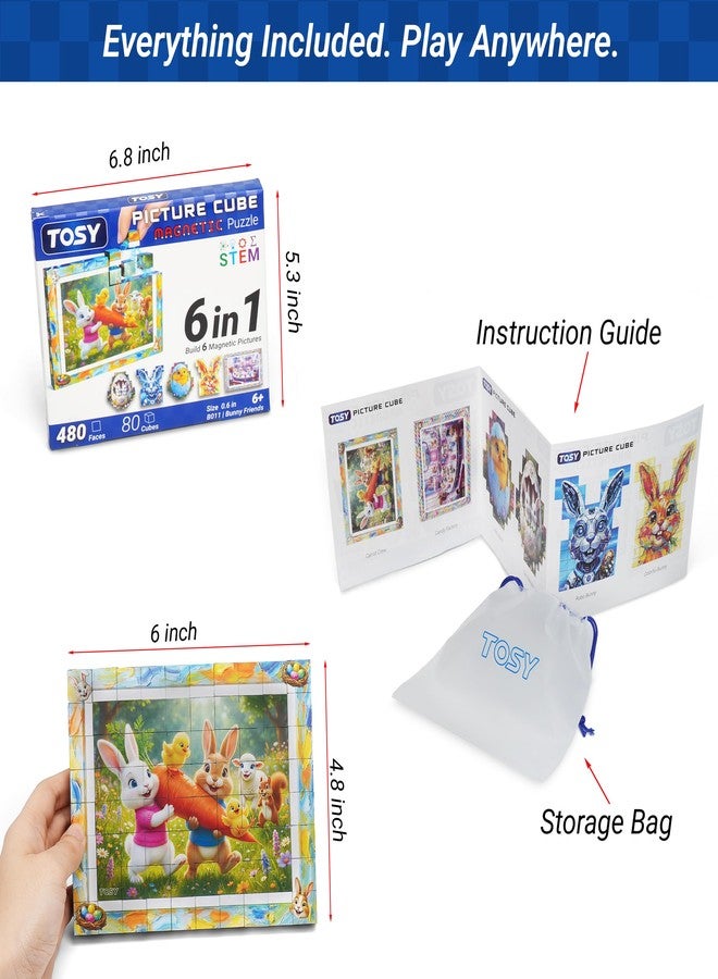 TOSY Picture Cube Bunny Friends: 6-in-1 Magnetic Picture Puzzle, Easter Basket Stuffers STEM Gift for Kids & Adults, 80 Blocks, 488 Faces/Magnets, 0.6in, B011, Seamless UV Art, Display-Ready Frame - Image 5