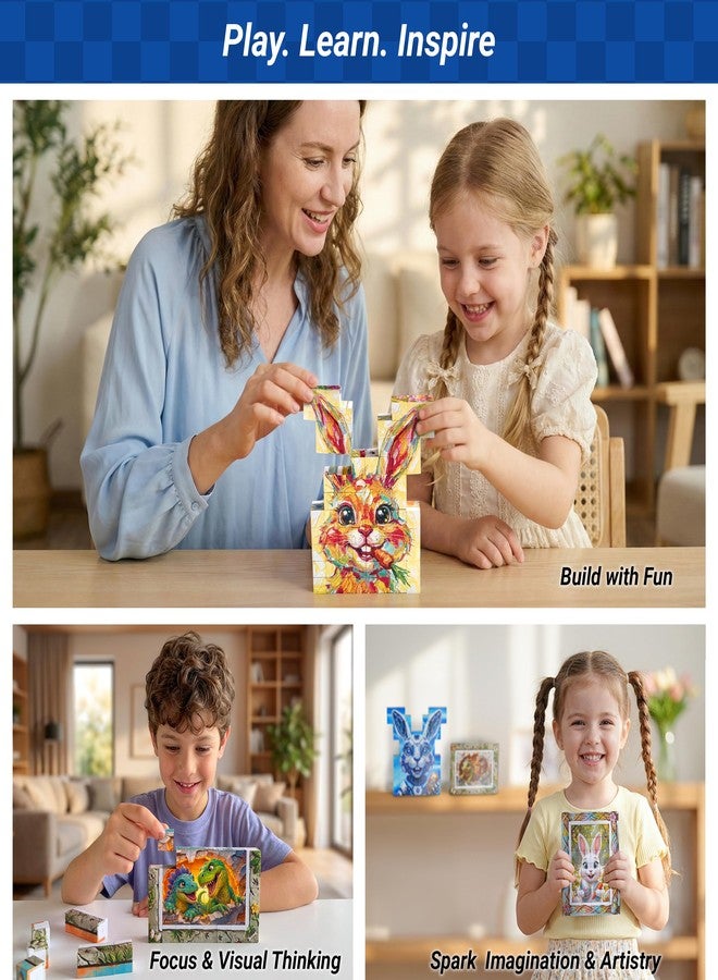 TOSY Picture Cube Bunny Friends: 6-in-1 Magnetic Picture Puzzle, Easter Basket Stuffers STEM Gift for Kids & Adults, 80 Blocks, 488 Faces/Magnets, 0.6in, B011, Seamless UV Art, Display-Ready Frame - Image 2