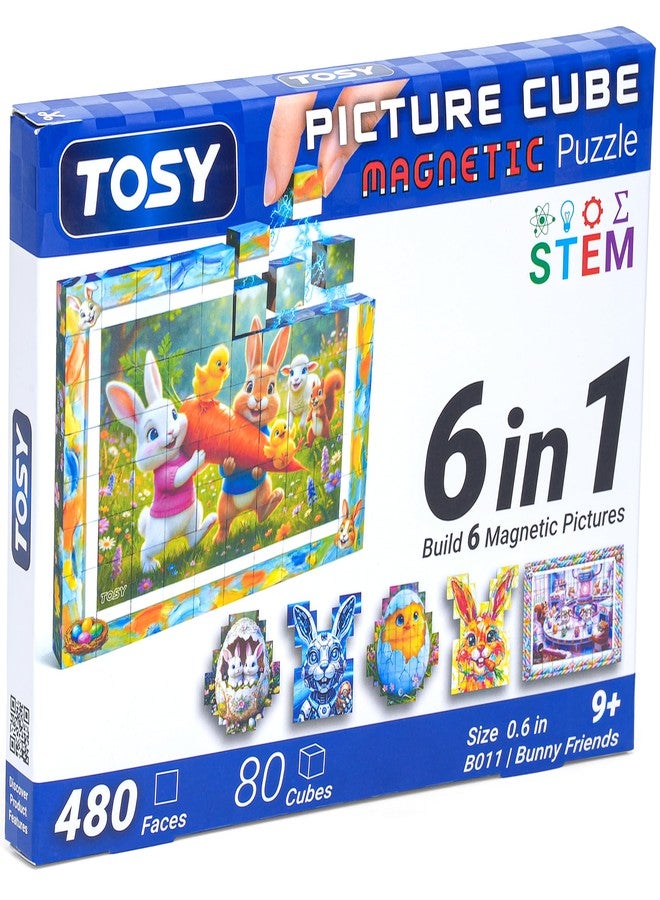 TOSY Picture Cube Bunny Friends: 6-in-1 Magnetic Picture Puzzle, Easter Basket Stuffers STEM Gift for Kids & Adults, 80 Blocks, 488 Faces/Magnets, 0.6in, B011, Seamless UV Art, Display-Ready Frame - Image 1