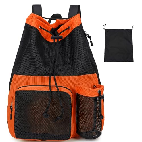 Lohol Large Mesh Drawstring Backpack with Shoe Bag, Durable Swimming String Sack with Handle for Sports Gym Yoga Beach Travel (Orange) - Image 1