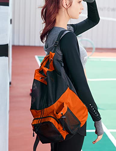 Lohol Large Mesh Drawstring Backpack with Shoe Bag, Durable Swimming String Sack with Handle for Sports Gym Yoga Beach Travel (Orange) - Image 2