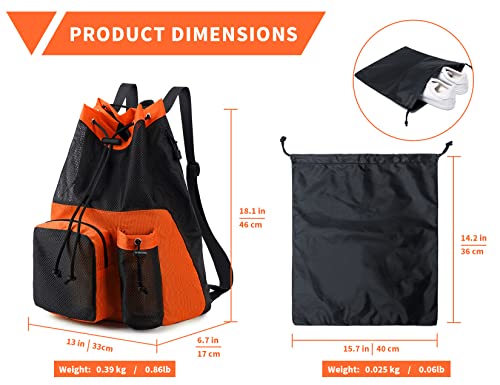 Lohol Large Mesh Drawstring Backpack with Shoe Bag, Durable Swimming String Sack with Handle for Sports Gym Yoga Beach Travel (Orange) - Image 3