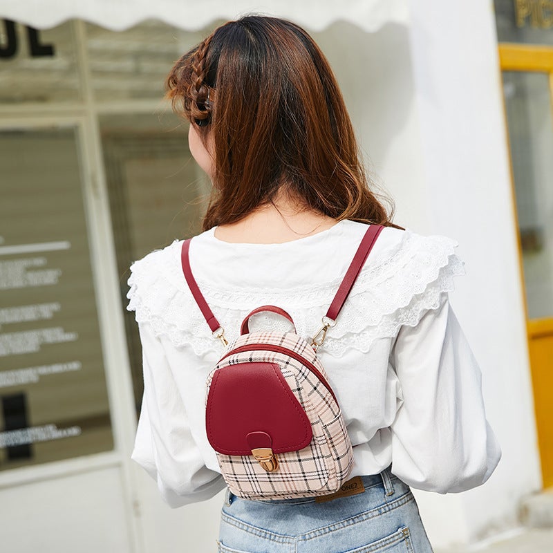 Women'S Bag 2020 New Plaid Contrast Color Pu Cover Lock Small Backpack Fashion Casual Mobile Phone Bag Small Bag - Image 5