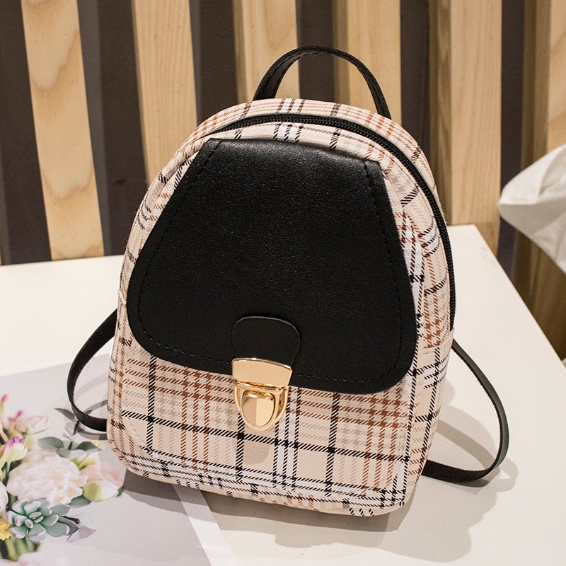 Women'S Bag 2020 New Plaid Contrast Color Pu Cover Lock Small Backpack Fashion Casual Mobile Phone Bag Small Bag - Image 1