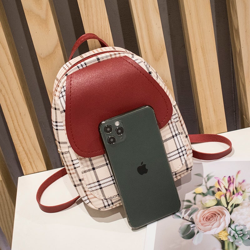 Women'S Bag 2020 New Plaid Contrast Color Pu Cover Lock Small Backpack Fashion Casual Mobile Phone Bag Small Bag - Image 3