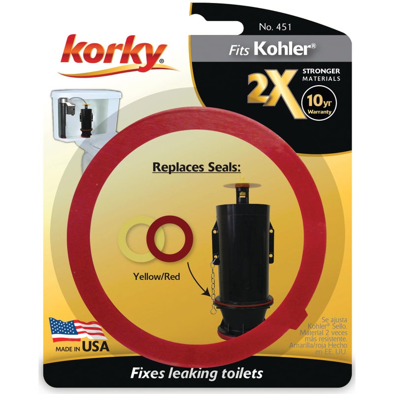 Korky 2X Long Life Toilet Flush Valve Seal Fits Kohler - Fixes Leaking Tower Style Flush Valves and Hard-to-Flush Toilets - Easy to Install - Made in USA- 451  Red - Image 1