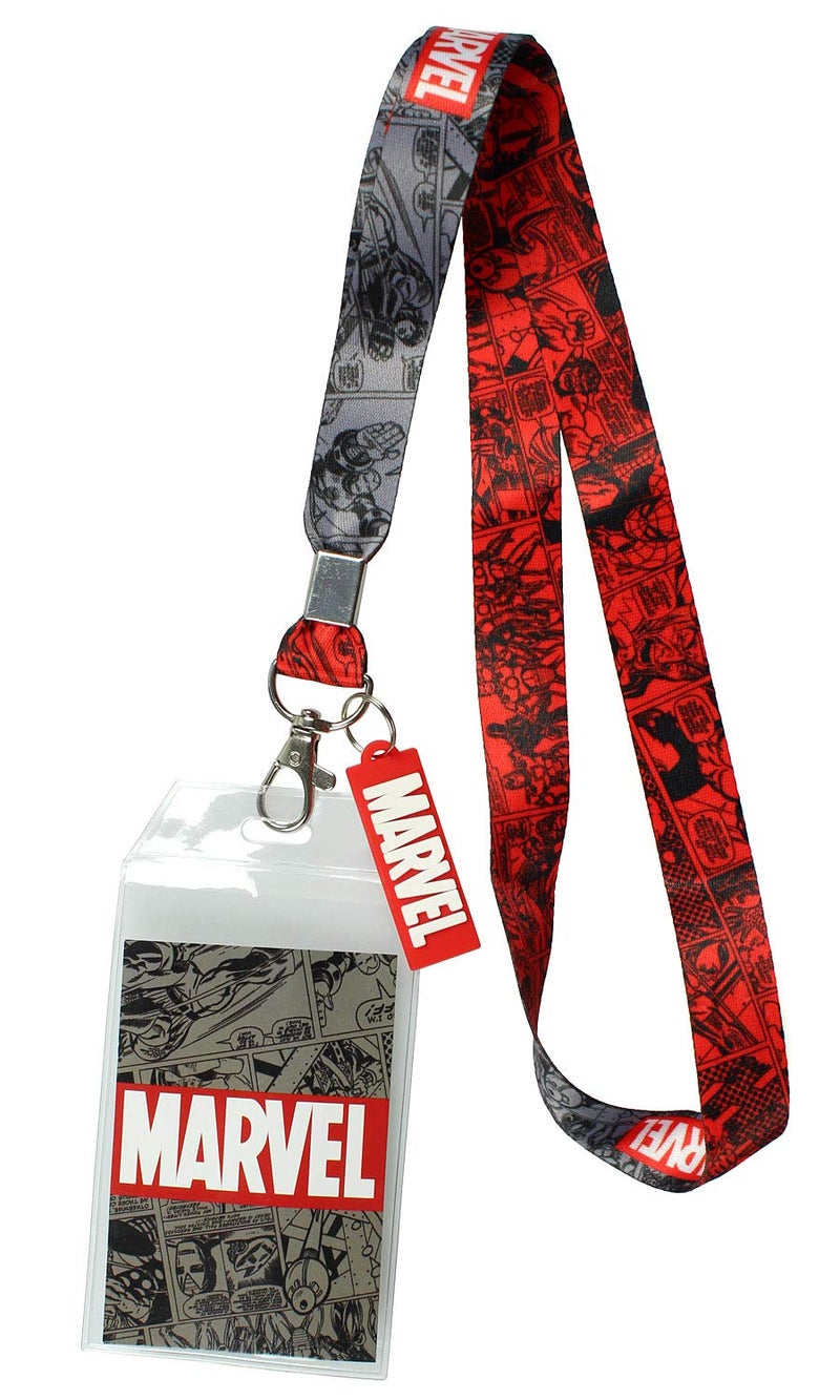 Bioworld Marvel Lanyard ID Badge Holder, 2" Rubber Charm Pendant with Raised Script and 2 Sided Vintage Comic Strip Pattern - Image 1