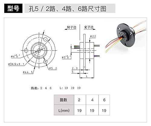 Taidacent Hollow Slip Ring Signal Power Continued 2/4/6/12 Road Collector Ring Conductive Electric Motor Slip Ring Rotating Connector (5mm Inner Diameter 22mm Outer Diameter 6 Wire 2A) - Image 4