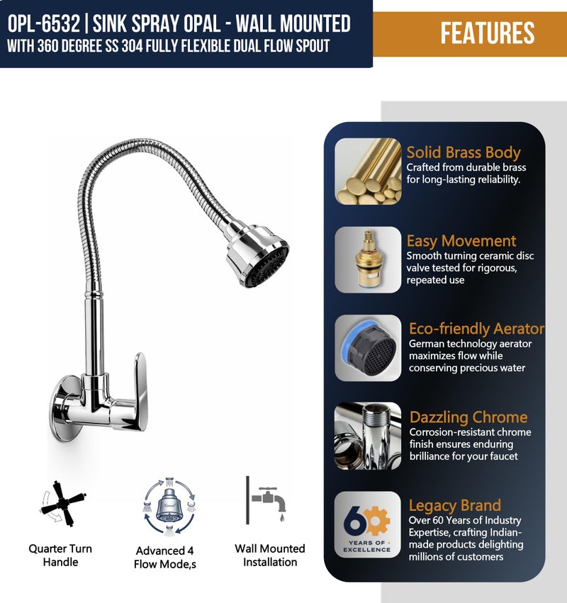 KAMAL Sink Spray Kitchen Tab Opal - | SS 304 Flexible Spout 360 Degree Dual Flow | Brass Body & Knob | SS304 Rust Resistant Flexible Spout | Dual Flow Bib Tap Faucet (Wall Mount Installation) - Image 3