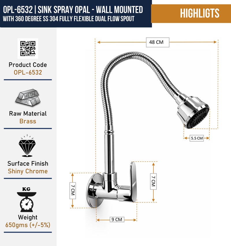 KAMAL Sink Spray Kitchen Tab Opal - | SS 304 Flexible Spout 360 Degree Dual Flow | Brass Body & Knob | SS304 Rust Resistant Flexible Spout | Dual Flow Bib Tap Faucet (Wall Mount Installation) - Image 4