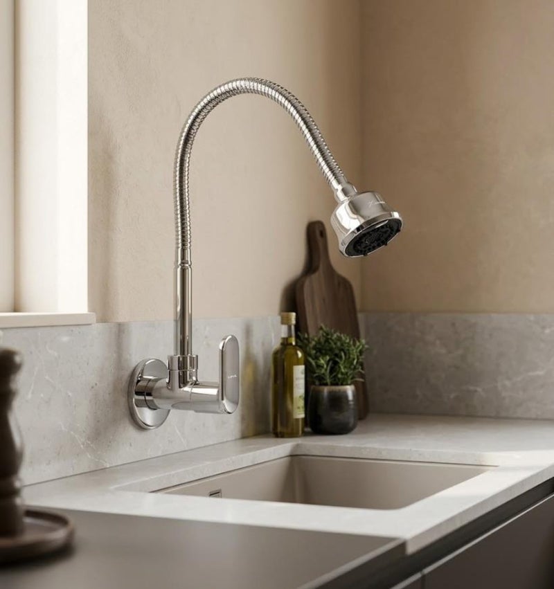 KAMAL Sink Spray Kitchen Tab Opal - | SS 304 Flexible Spout 360 Degree Dual Flow | Brass Body & Knob | SS304 Rust Resistant Flexible Spout | Dual Flow Bib Tap Faucet (Wall Mount Installation) - Image 1