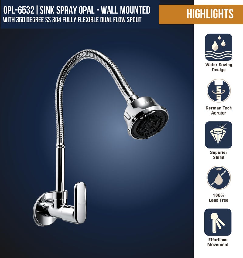 KAMAL Sink Spray Kitchen Tab Opal - | SS 304 Flexible Spout 360 Degree Dual Flow | Brass Body & Knob | SS304 Rust Resistant Flexible Spout | Dual Flow Bib Tap Faucet (Wall Mount Installation) - Image 2