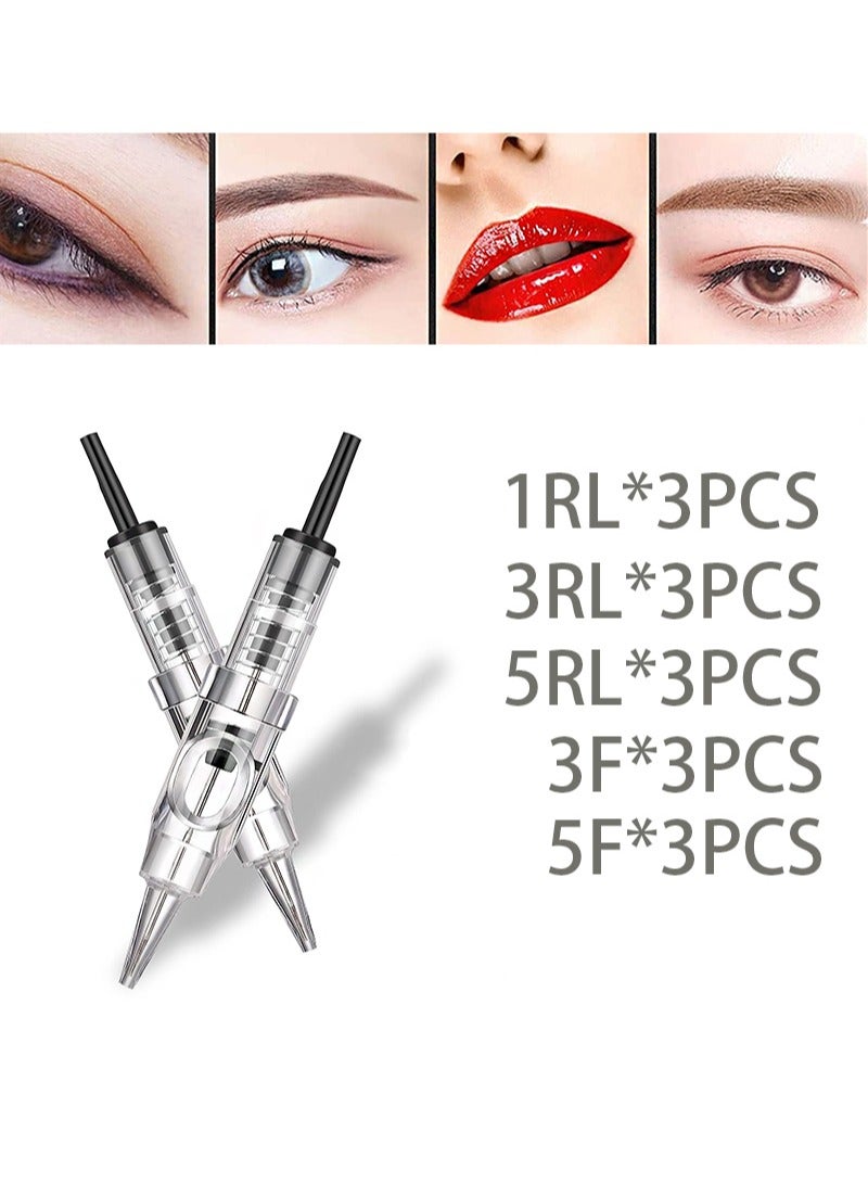 HaLunhi 15 Pieces Permanent Tattoo Needles， 5 Styles 3 Pieces Each，For Tattoo Needle Machine Pen Tattoo Cartridge Needle Microblading Supplies，Eyebrow Eyeliner Lip Liner For Tattoo Kit (1RL, 3RL, 5RL, 3F, 5F)  - Image 1