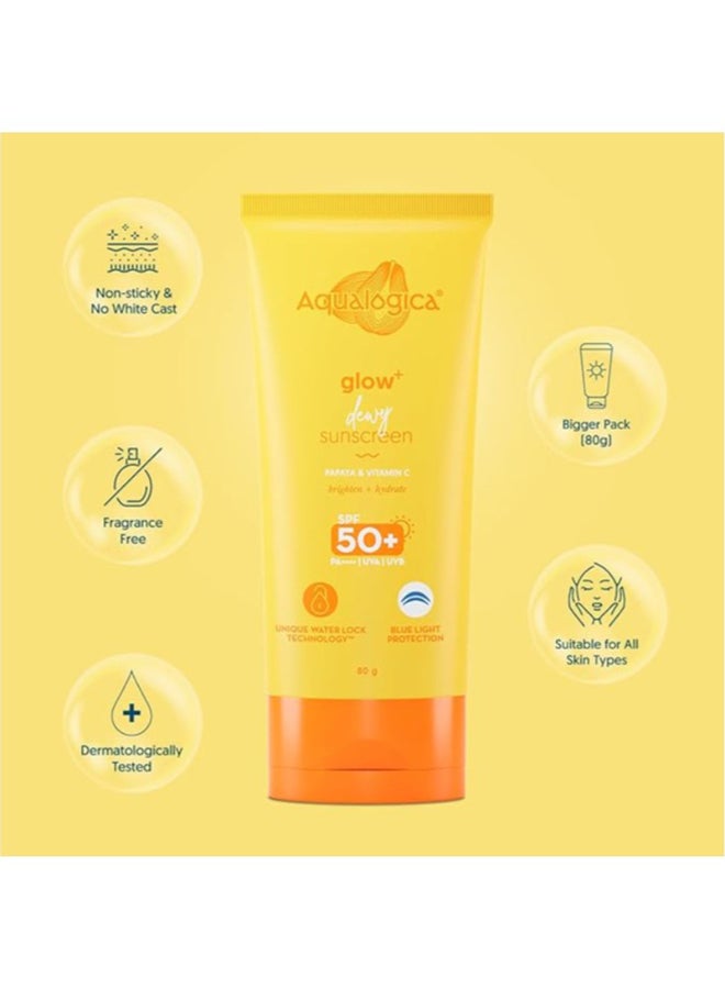 أكوالوجيكا واقي الشمس Aqualogica Glow+ Dewy خفيف الوزن ومرطب مع عامل حماية من الشمس SPF 50+ وPA++++ للأشعة فوق البنفسجية فئة A وB والبشرة المختلطة والمتوهجة - 80 جم - Image 2