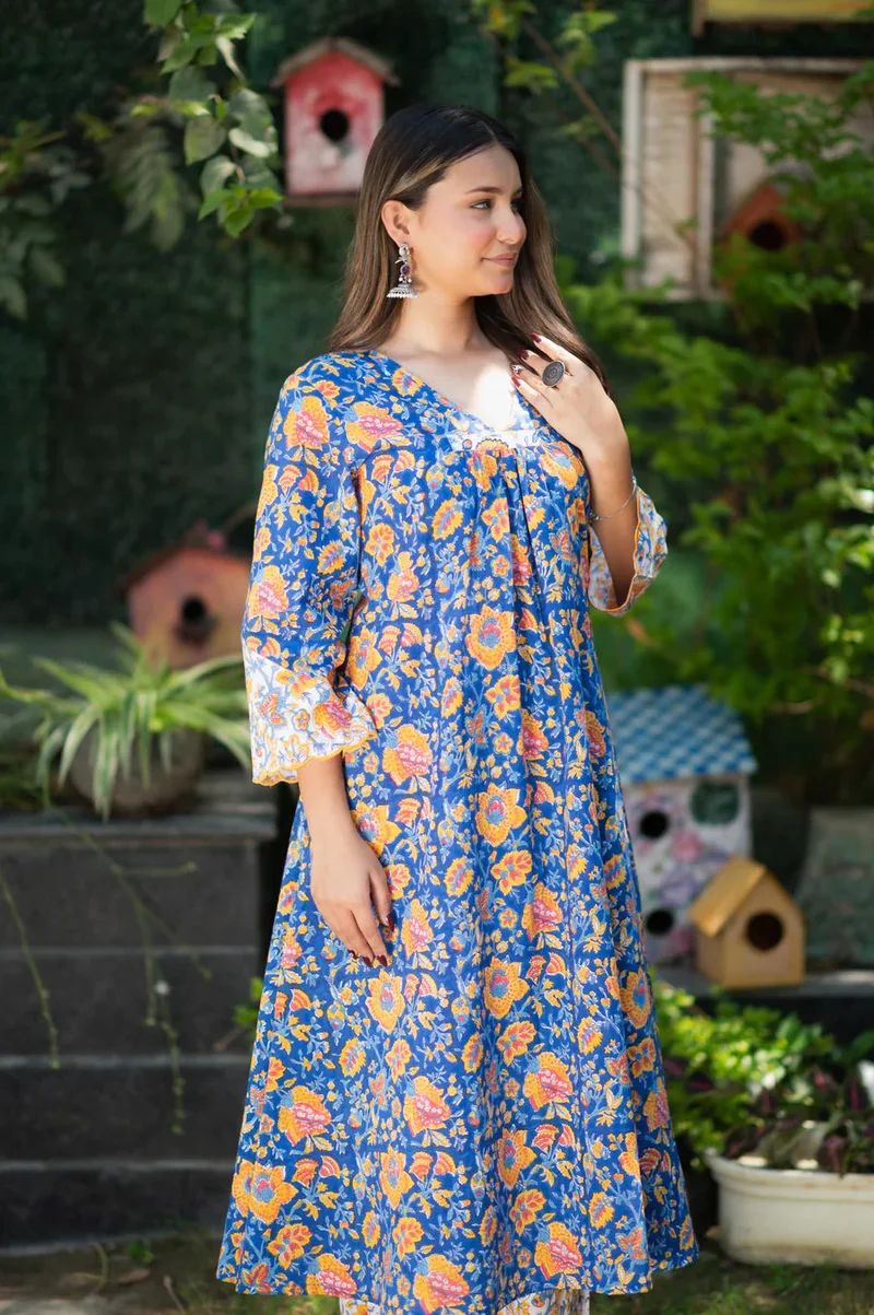 ZERESOUQ Blue Pure Cotton Handblock 2-Piece Kurta Set