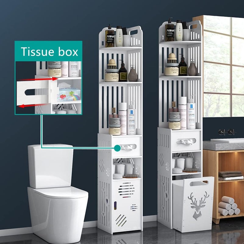 TPGP NOAEOU Modern White Small Tall Bathroom Floor Cabinet with 5 Open Shelves, 1 Drawer, Tissue Holder & Trash Can - Image 5