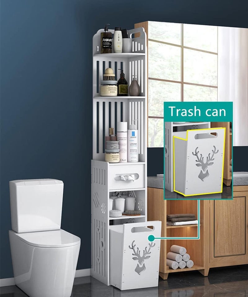 TPGP NOAEOU Modern White Small Tall Bathroom Floor Cabinet with 5 Open Shelves, 1 Drawer, Tissue Holder & Trash Can - Image 2