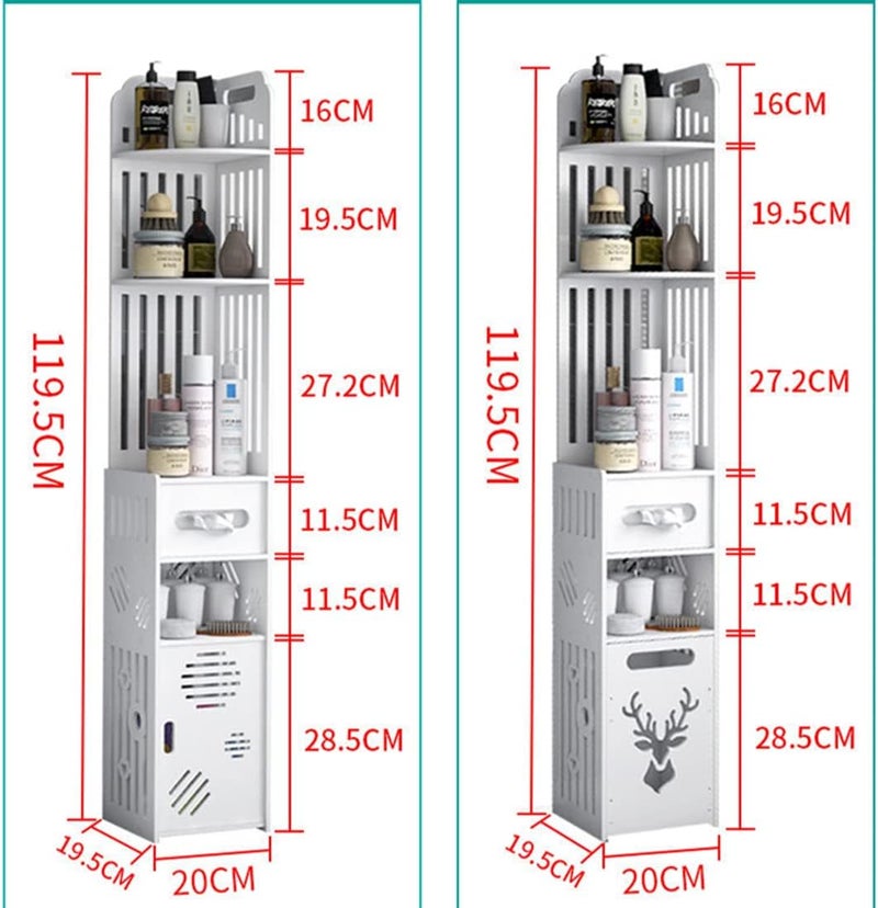 TPGP NOAEOU Modern White Small Tall Bathroom Floor Cabinet with 5 Open Shelves, 1 Drawer, Tissue Holder & Trash Can - Image 3