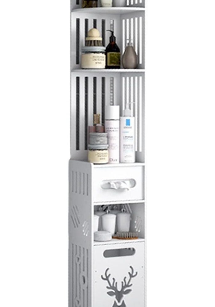 TPGP NOAEOU Modern White Small Tall Bathroom Floor Cabinet with 5 Open Shelves, 1 Drawer, Tissue Holder & Trash Can - Image 1