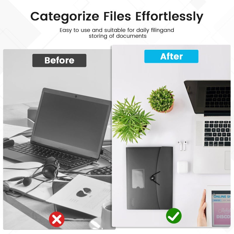 CASAON 13 Pocket Expanding File Folder Accordian File Organizer, A4 Letter Size Paper Document Receipt Holder for School Office Supplies, Black - Image 4