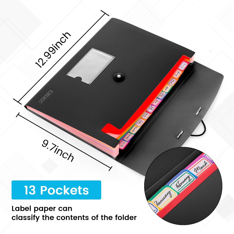 CASAON 13 Pocket Expanding File Folder Accordian File Organizer, A4 Letter Size Paper Document Receipt Holder for School Office Supplies, Black - Image 2